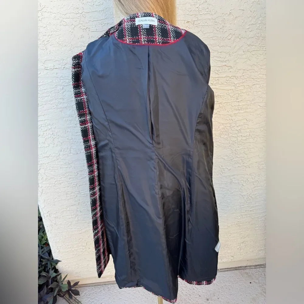 Calvin Klein Plaid Tweed Long Jacket Coat Black Red White Size 12 EUC Lined